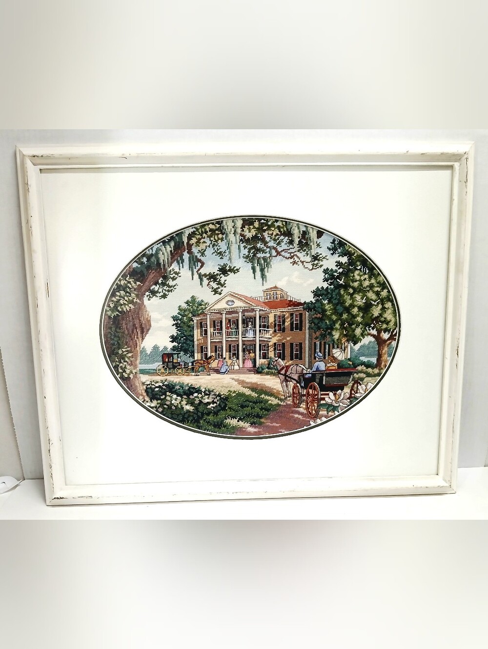 Framed Vintage Mansion Scene Cross-stitch Wall Art in White